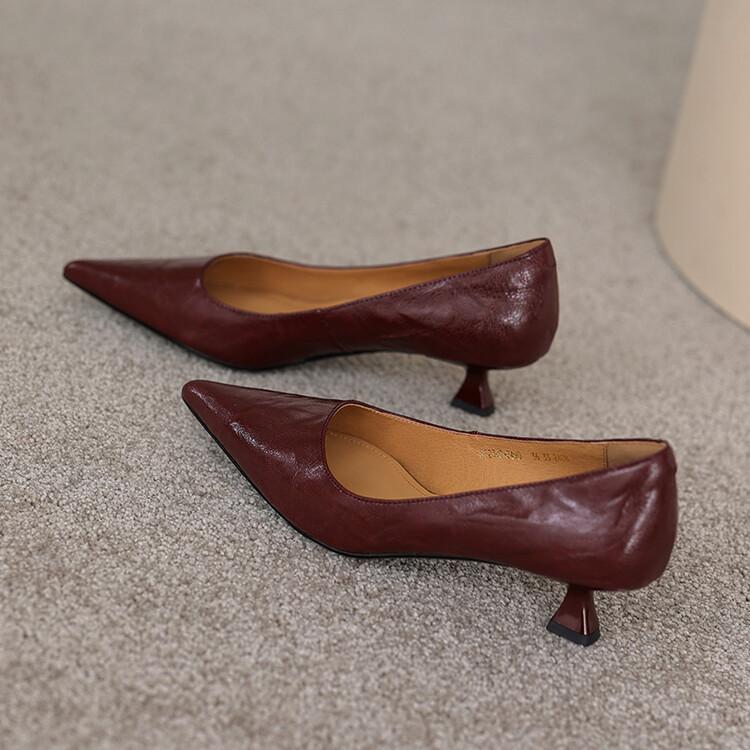 Four colors optional~ autumn sheepskin high heels women's pointed commuting OL work shoes light mouth wine glass and high heels