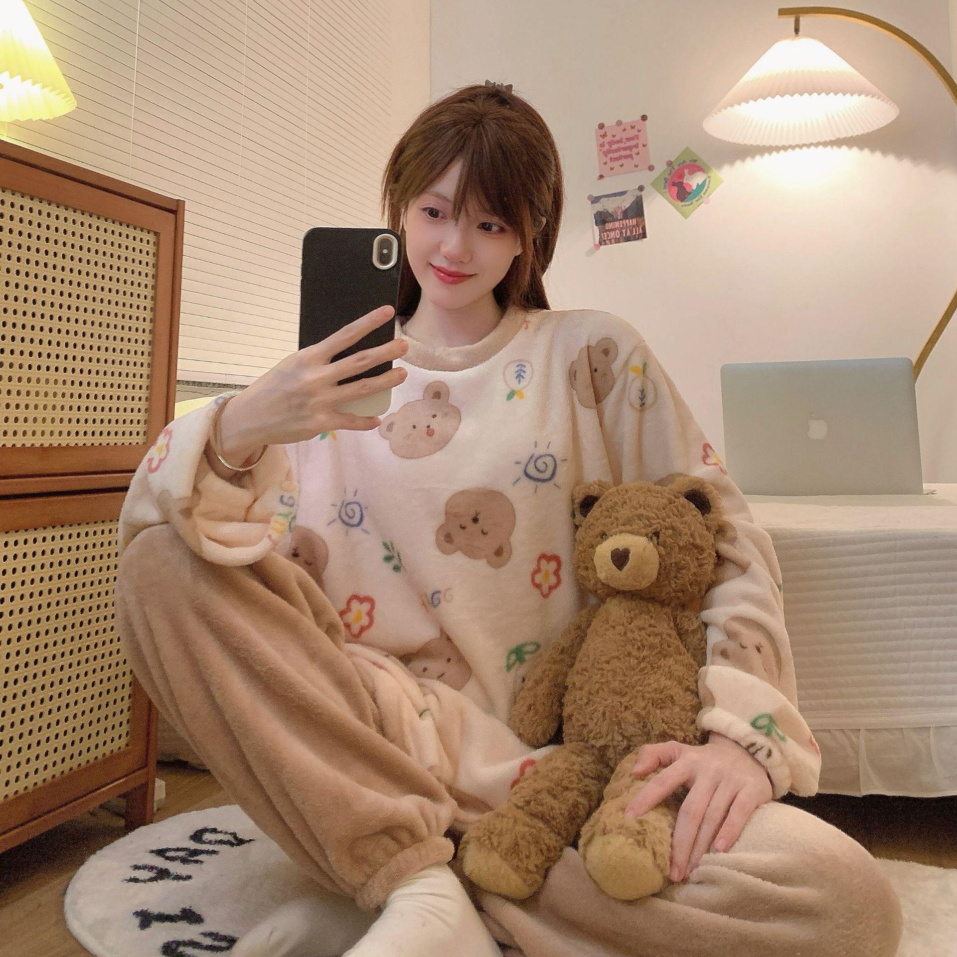 

Женский уютный фланелевый пижамный комплект - осень/зима, милый коралловый флис, круглый вырез, домашняя одежда в корейском стиле XL