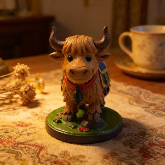 Highland Cow Figurine Resin Animal Ornament Hand-Painted Cute Small Cow Statue Table Centerpiece for Farmhouse Living Room Dining Table Decoration