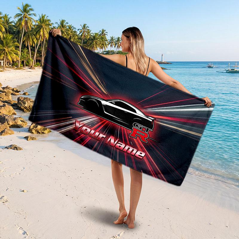 Nissan GT-R Customized Name Text Beach Towel, Soft Absorbent Towel Beach Pool Travel Personal Gift