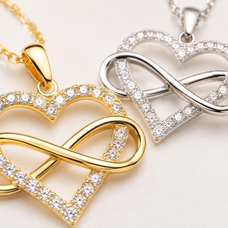 Zircon Heart Pendant Necklace with Smooth Figure-Eight Form, Polished Alloy Construction Neckchain, and Electroplated Finish