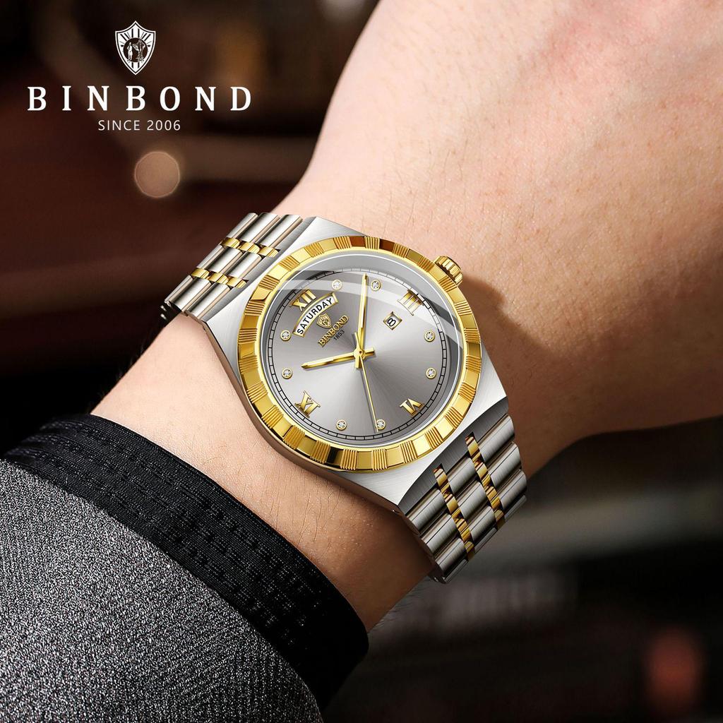 BINBOND Luxury Ultra-Thin Men's Quartz Watch, Rhinestones, Waterproof, Luminous Double Calendar Wristwatch.