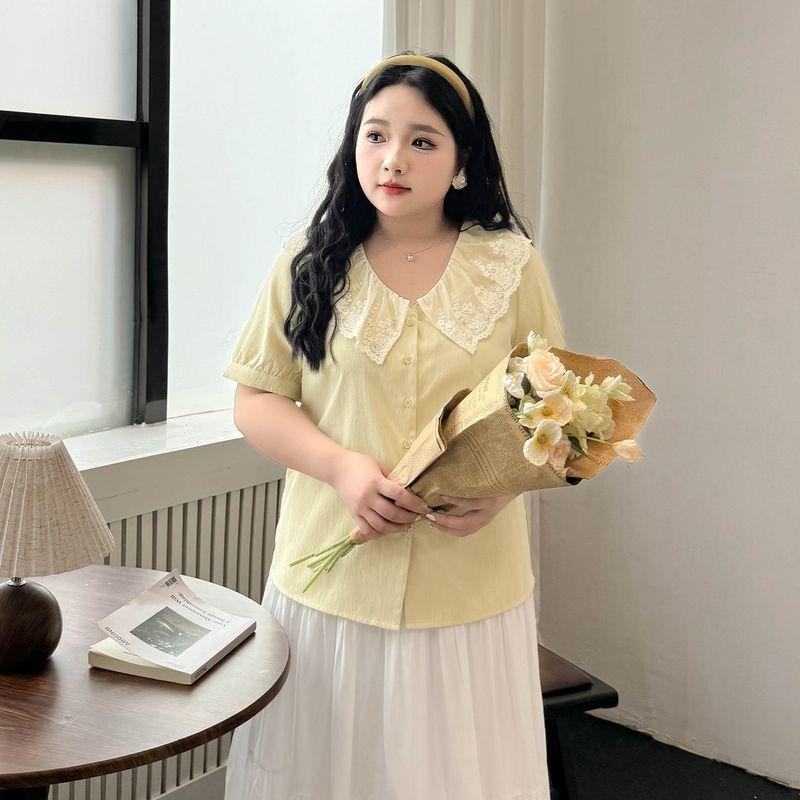 

Plus Size Women s Clothing [Fresh Sweet Shirt] Texture Lace Patchwork Doll Collar Loose Slim Looking Short Sleeve Shirt