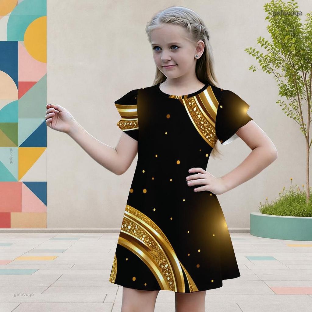 Girls Round Neck Flutter Sleeve Black Tree Floral Printed A Line Flared Dress