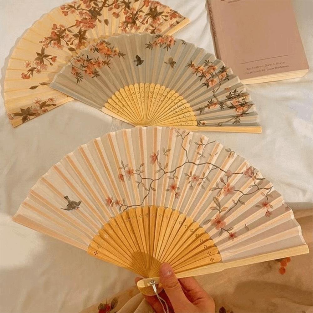 Decorative Bamboo Fan Flower Pattern Dance Fan Portable Cloth Hand Fan  Home Decoration