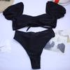 Women bubble sleeve bikini one neck swimsuit solid color sexy backless high elastic high waist tied bikini swimsuit