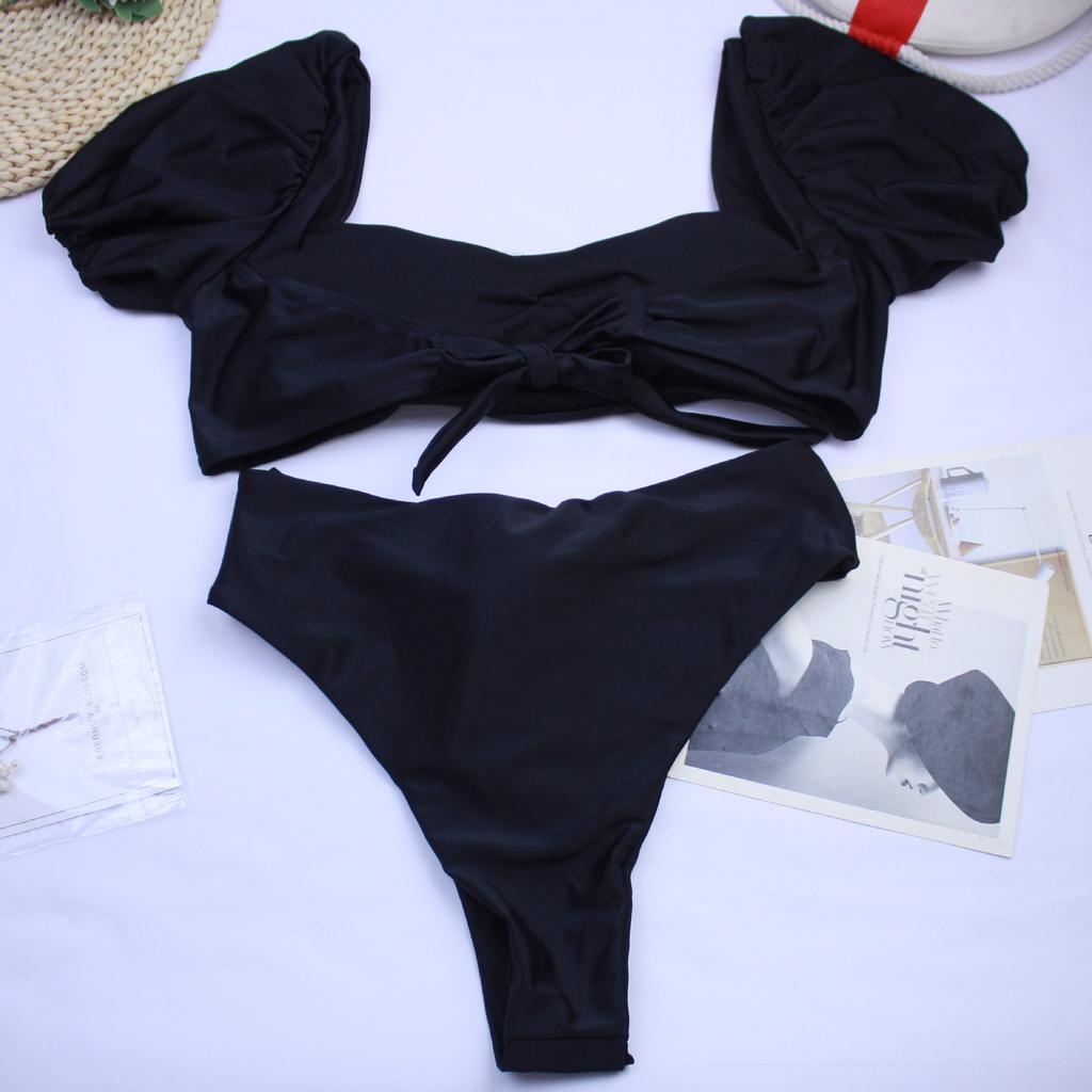 Women bubble sleeve bikini one neck swimsuit solid color sexy backless high elastic high waist tied bikini swimsuit
