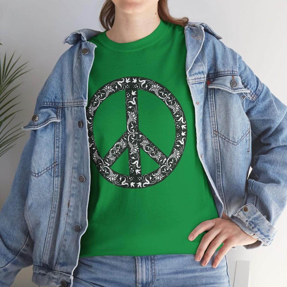 Floral Design Peace Sign T-Shirt nuclear disarmament Green