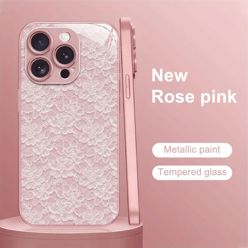 Pink Lace Pattern Pink Metallic Paint Tempered Glass Phone Case For iPhone 11 12 13 14 15 16 17 Pro Max Plus 16E 17Air Cover