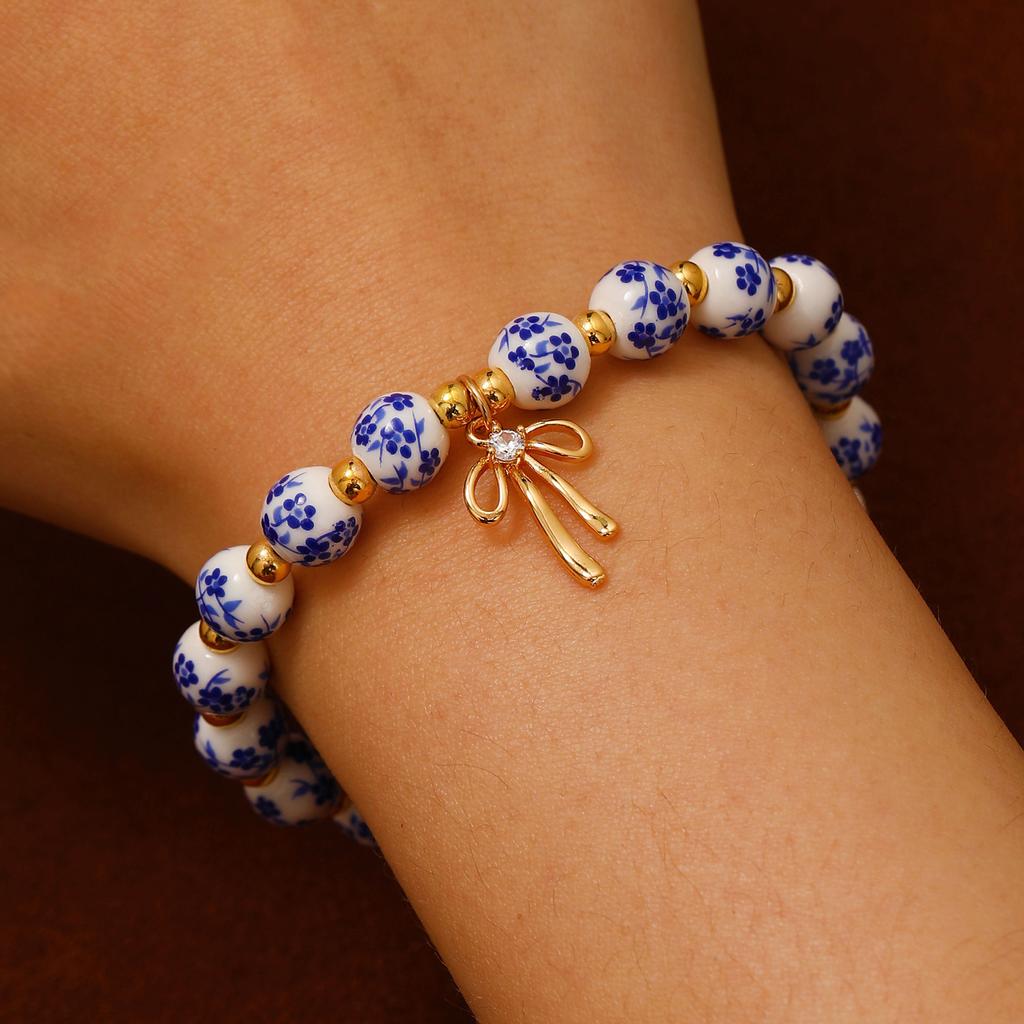Blue Floral Printed Round Bead Bracelet Gold Tone Stone Bow Charm Vintage Chinese Style Elegant Wrist Jewelry for Women