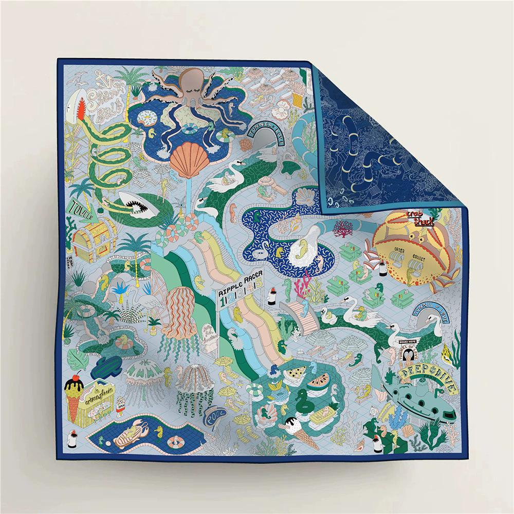 New Double-Sided Color-Block Silk Scarf with Underwater Amusement Park Print Decorative Fashion Women's 90cm Square Scarf