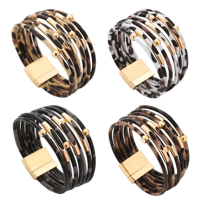 Bracelet for Women  Multi-layer Leopard Pattern Leather Rope Magnetic Clasp Bangles Female Gift CDN