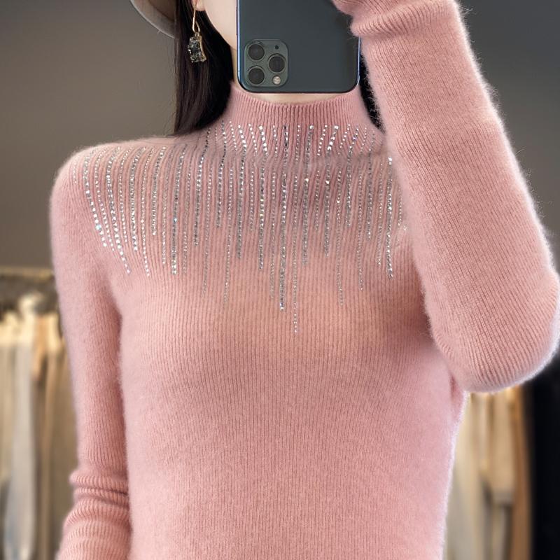 Women's Half Turtleneck Sweater, Qinghe Cashmere, 30% Cashmere 70% Wool, Diamond-studded Winter Knitted Pullover Autumn Sweater Cashmere Sweater