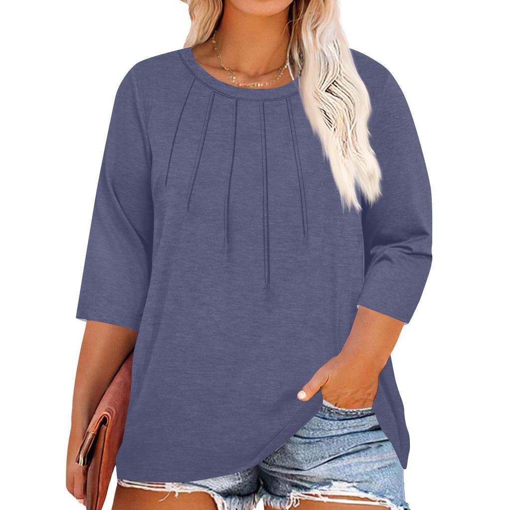 Women's Solid Color Round Neck Plus Size Tops 3/4 Sleeves Elegant Shirt Tops