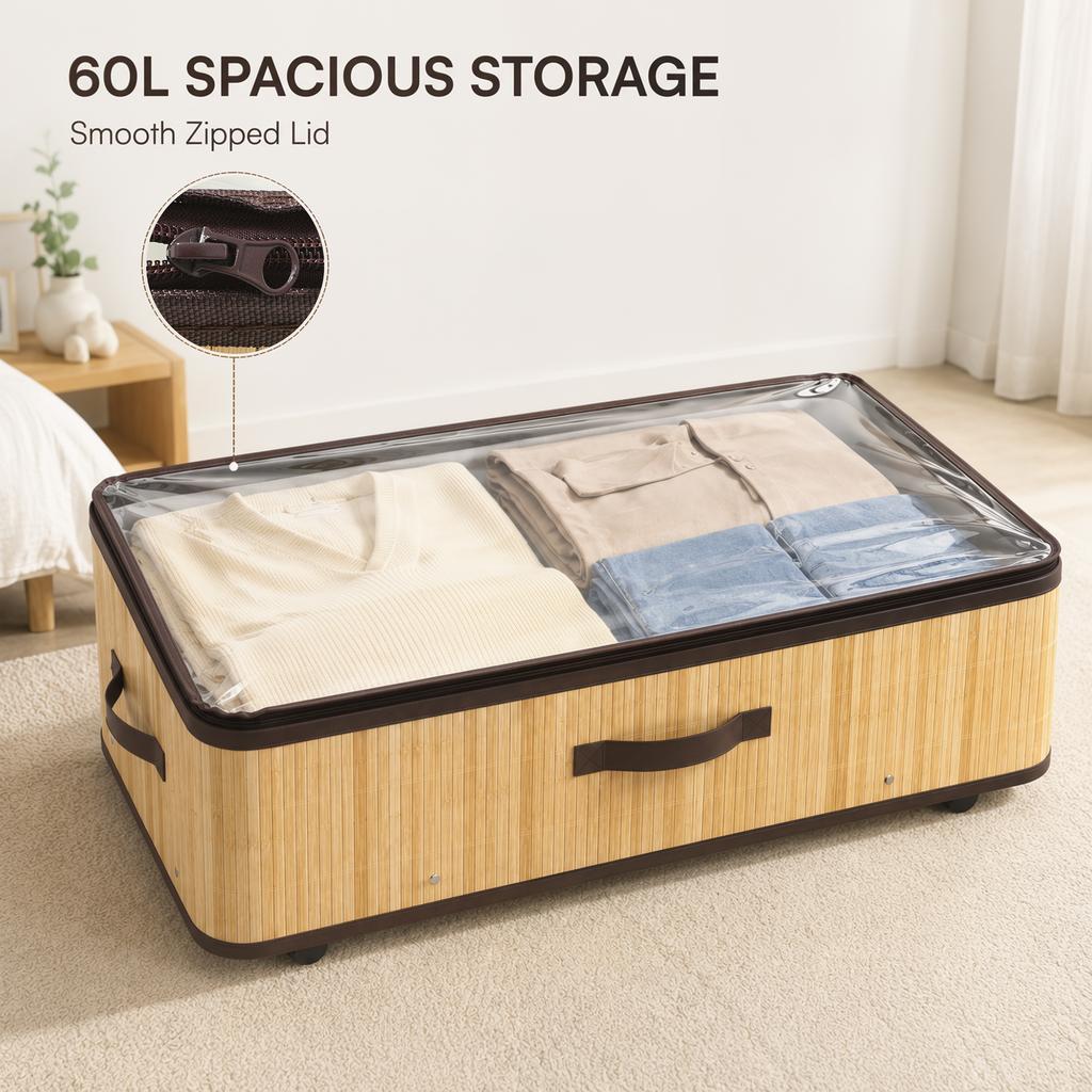 60L Under Bed Storage with Wheels, Pack of 2, 23cm Height, Natural