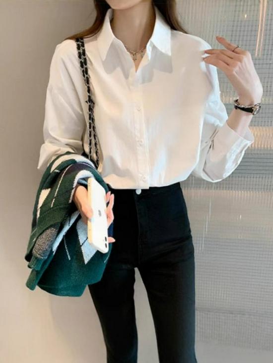 Women's White Long Sleeve Versatile Retro Work Shirt