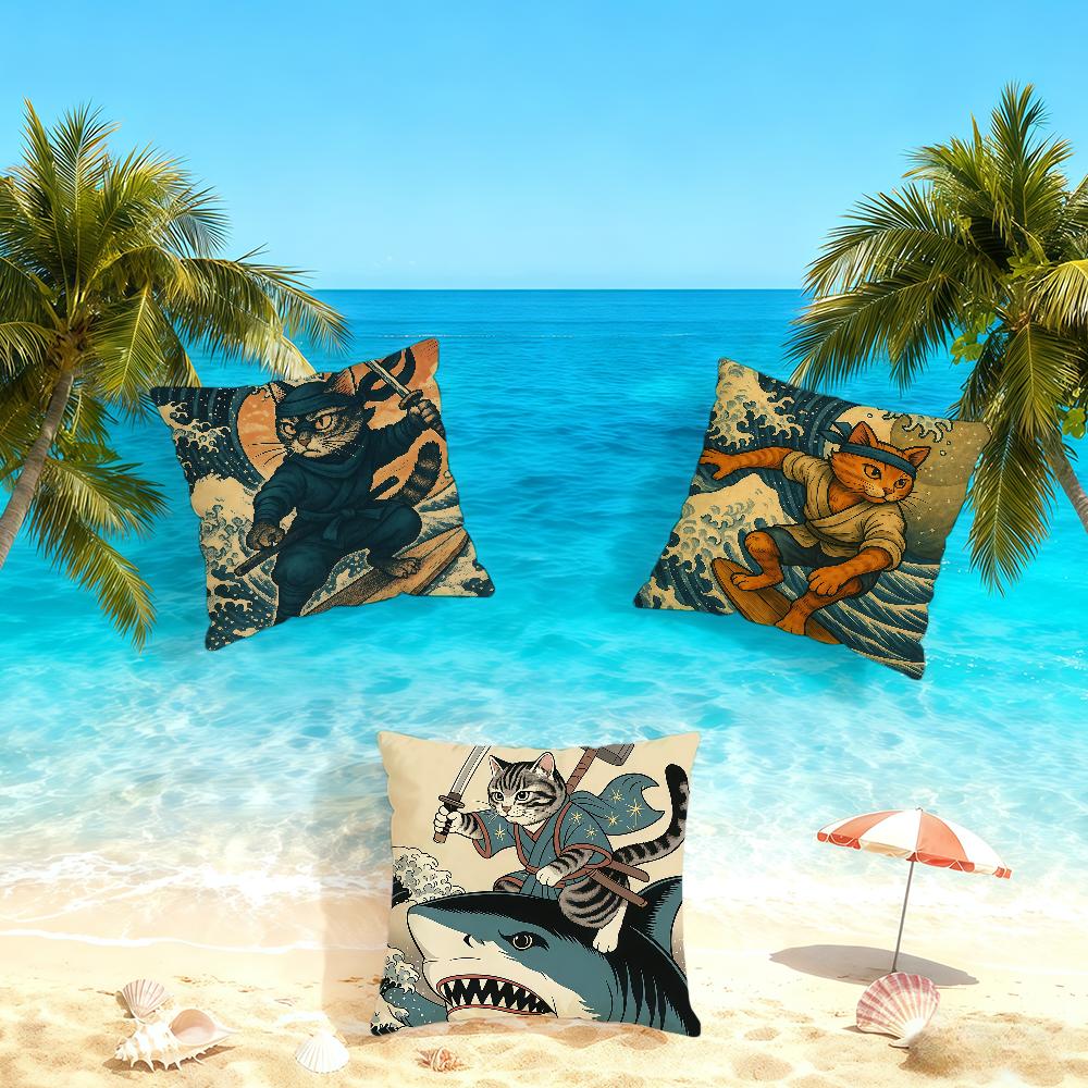 Funny Samurai Cat Surfing cushion cover Home Office Convenient Nordic Simplicity Hit With Zipper Cushion Cover