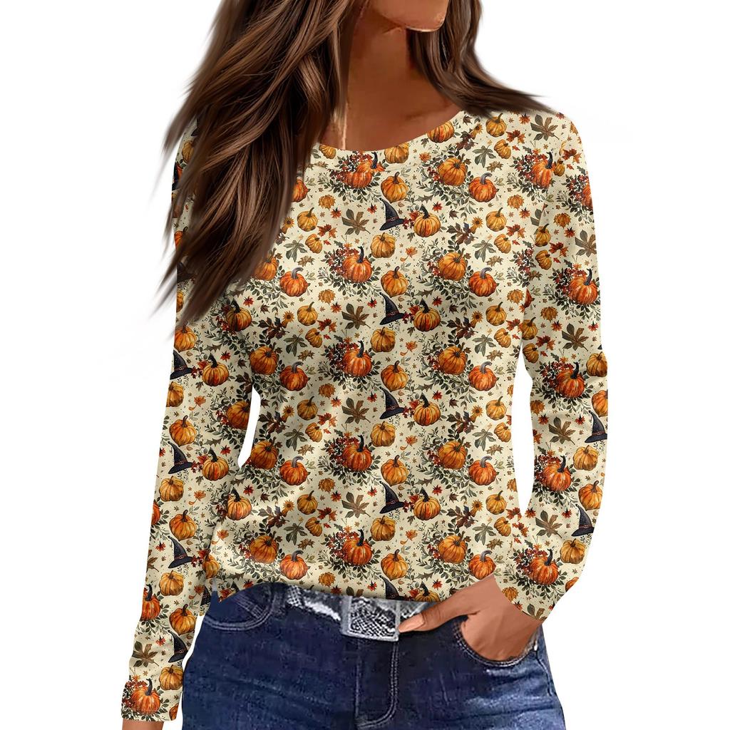 Women's Fashion Hem Slit Casual Halloween Printed Round Neck Long Sleeve Top