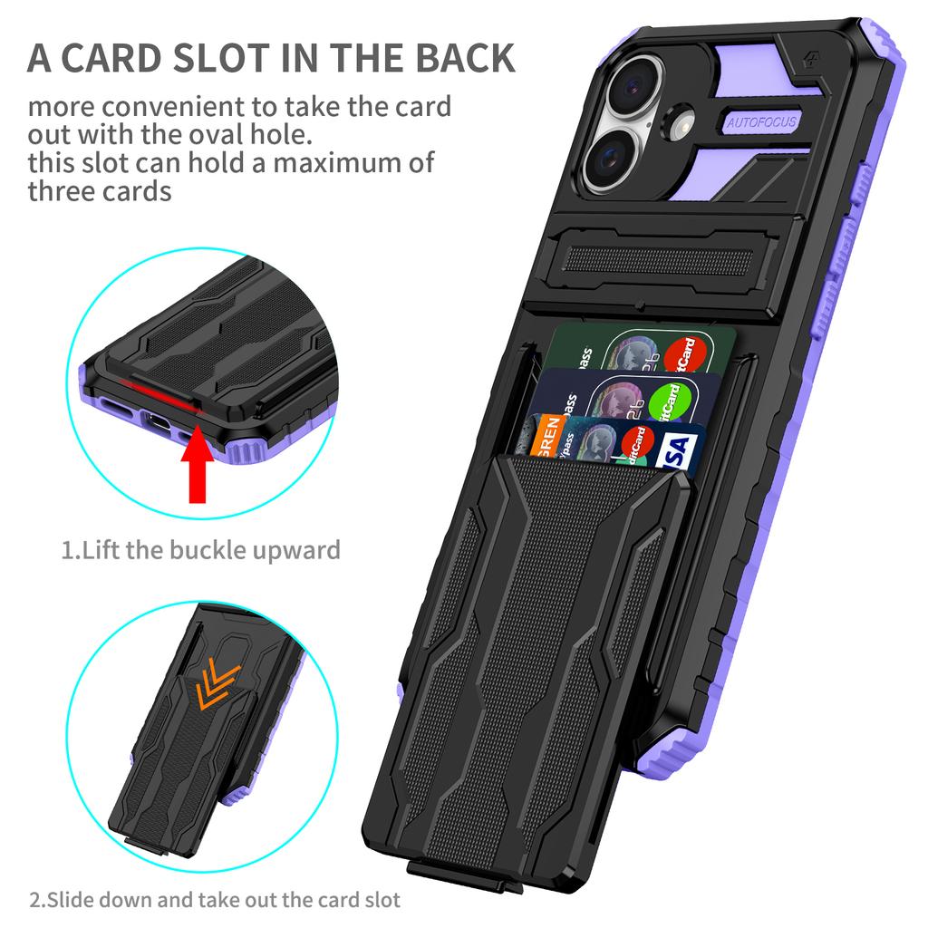 For iPhone 16 Case with Card Holder PC + TPU Phone Back Cover Kickstand