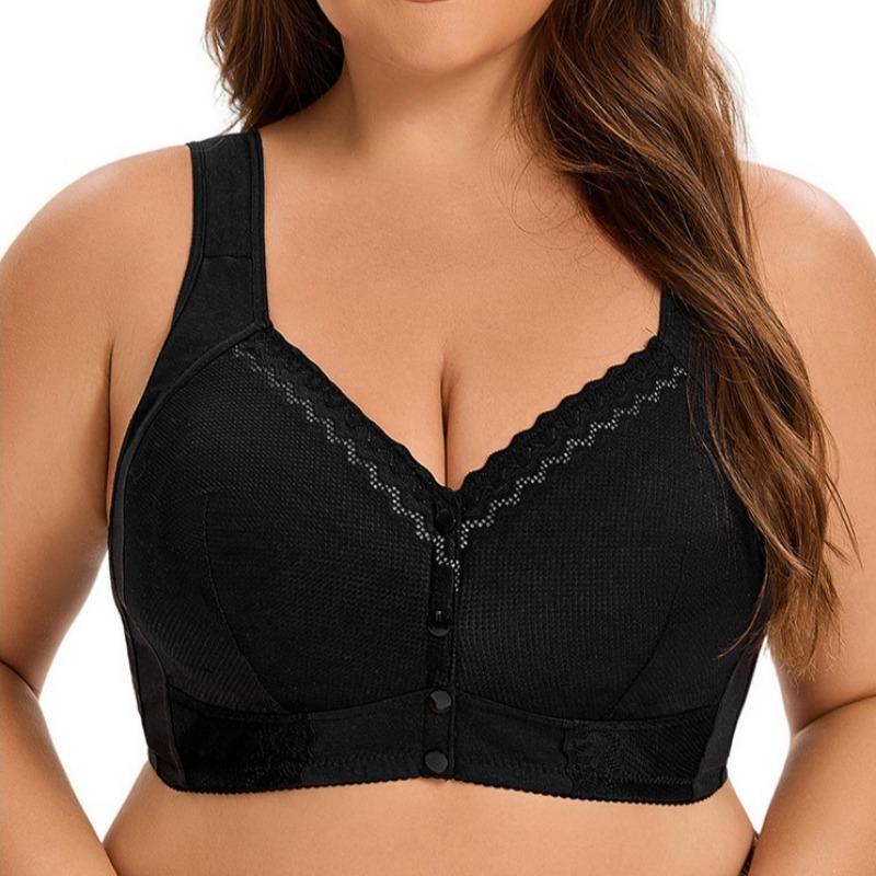 Soft Cotton Thin Cup Front Buckle Middle-aged and Elderly Women's Lace No-rim Vest Style Oversized Bra
