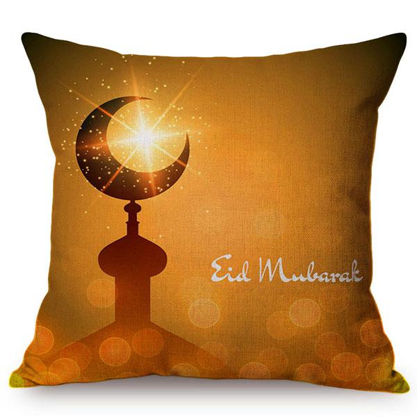 Cotton Linen Sofa Throw Pillow Case, Classic Islam Ramadan Kareem Decoration, Mosque Castle And Moon Pattern, Yellow