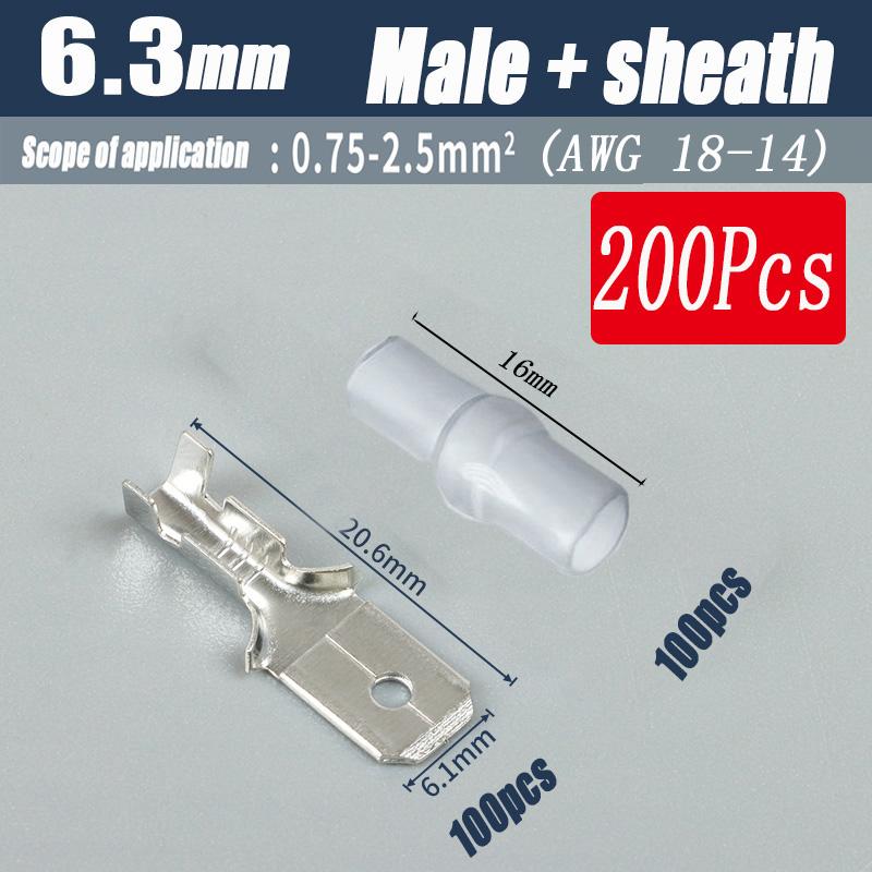 200Pcs Copper Female and Male Crimp Terminal Connectors Aautomotive Speaker Cable Flag Connector 2.8/ 4.8/ 6.3mm With Sheathing