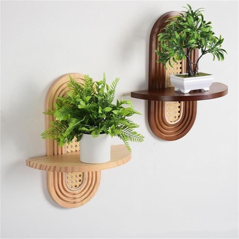 Modern Rattan Floating Shelf With Wooden Arched Design For Wall Decors Indoor Plant Photos Display Stand Home Decoration