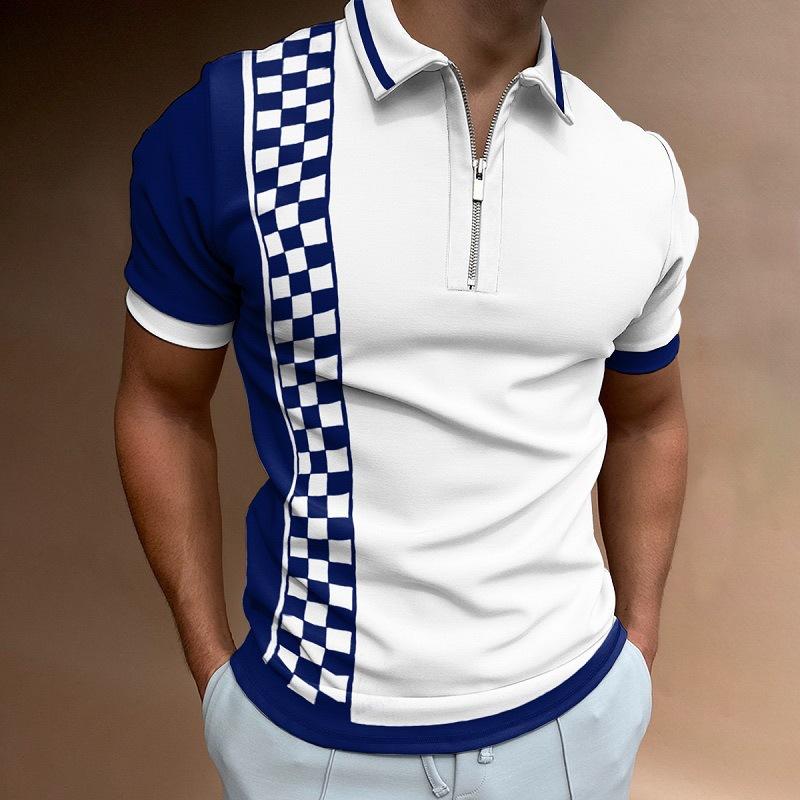 Trendy Short Sleeve Polo Shirt with Half-Zip, Houndstooth & Striped Details