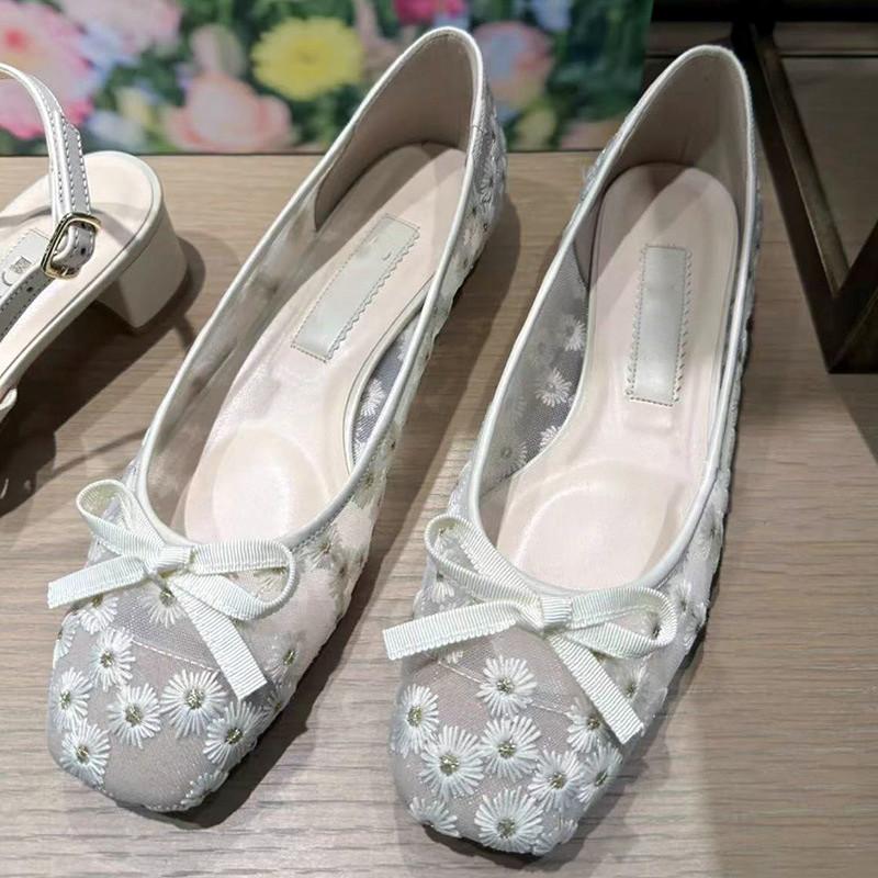 Fashion Embroidery Flower Decoration Mesh Ballet Flats Women Cute Butterfly Knot Design Loafers Low Heel Comfortable Shoes for Women