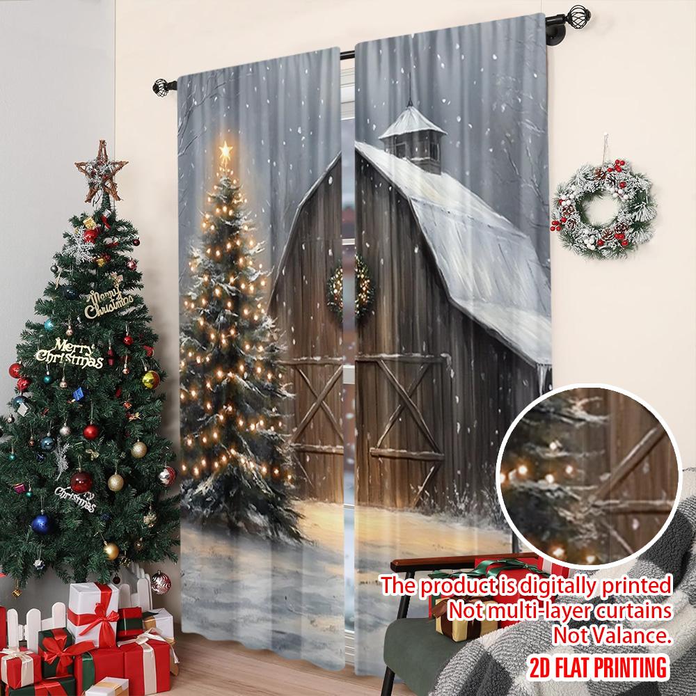 2 szt. zasłon Merry Christmas z płaskim nadrukiem 2D, zimowa scena świąteczna, wszechstronne, trwałe, poliestrowe, bez elektryczności, świąteczne