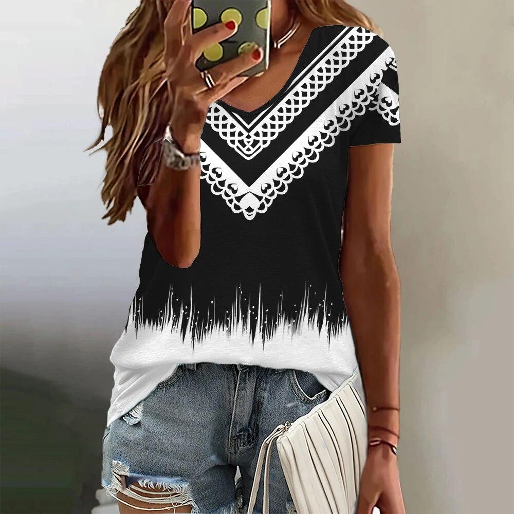 Gradient Pattern Women's T Shirt Summer V Neck Casual Short Sleeve Tees Female Oversized Harajuku Clothing Fashion Girls Blouse