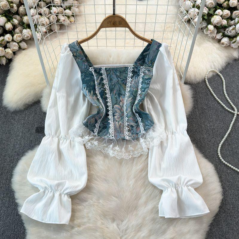 

French Style Retro Square Collar Jacquard Meat Hiding Tight Shirt White All yards