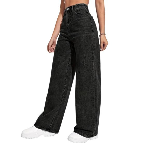 Damen Wide Leg Jeans Hohe Taille Stretch Boyfriend Denim Hose Gerade Beine Locker Baggy Jeans mit Taschen