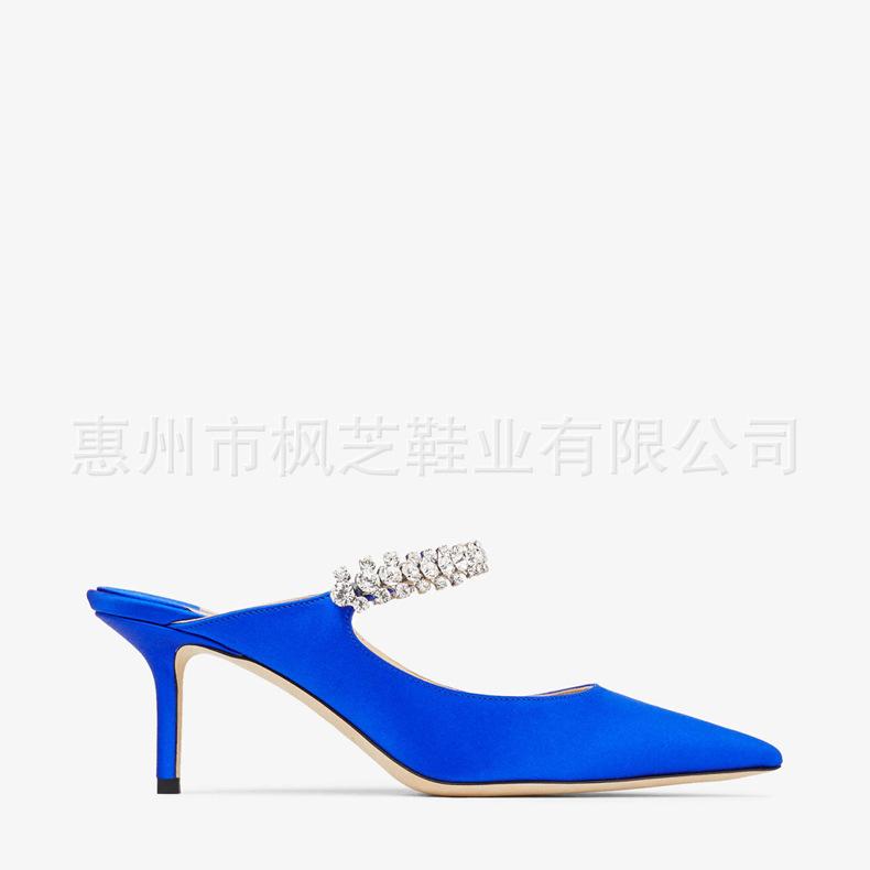 

New European and American one-word strap super high-heeled sandals, black pointed rhinestone high-heeled shoes, shallow stiletto. 42