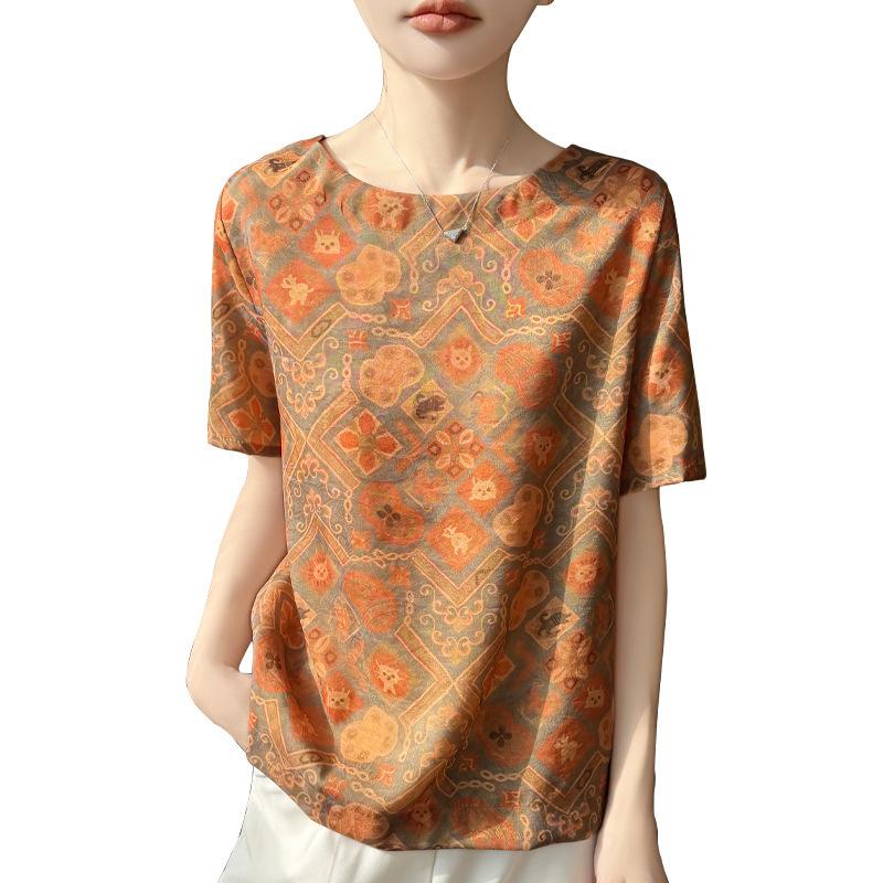 Traditional Chinese Pattern Stretchable Short-sleeved Women's Round-neck Versatile Stylish Loose-fitting Slimming T-shirt Top