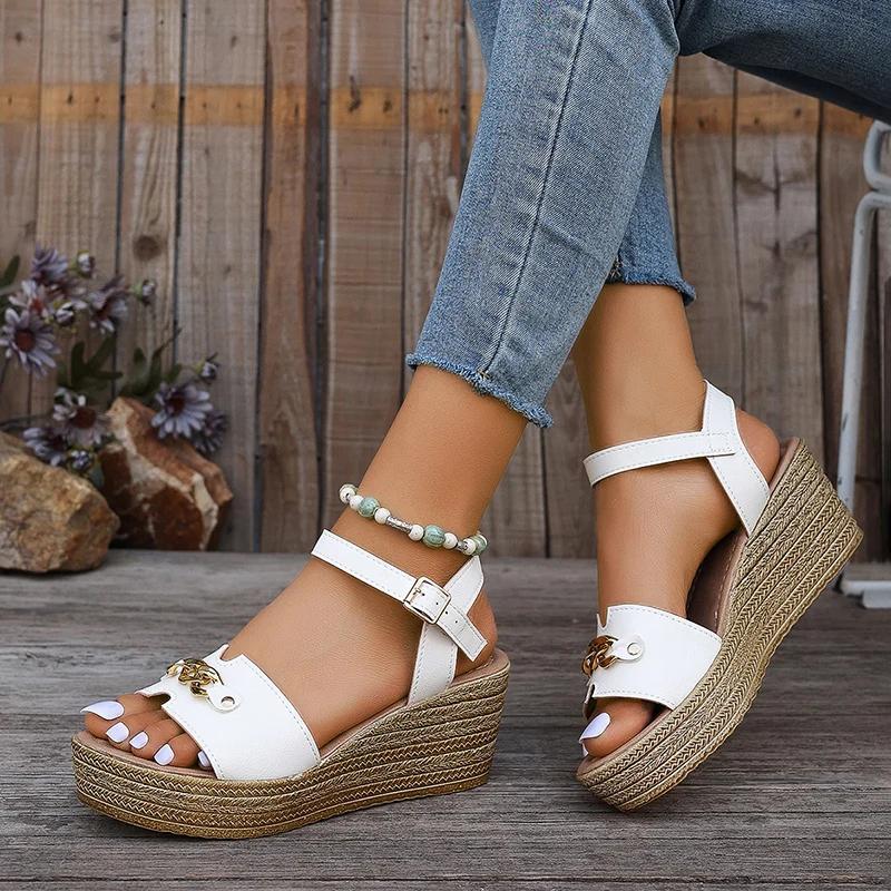 Sandales Plateforme Chaîne Épaisse Mode Femmes Talons Compensés Cuir PU Sandalias Mujer Été 2026 Boucle Semelle Épaisse Chaussures Gladiateur