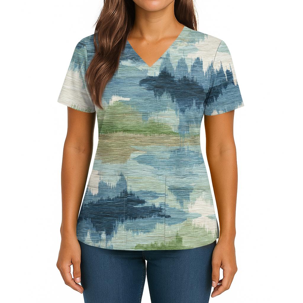 Women's Gradient Print V-Neck Double Pocket Short Sleeves Hem Slit Uniform Caregiver Top