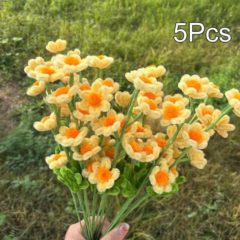 5Pcs Pipe Cleaner Handmade Daisy Flower Home Decor Finished Artificial Chenille Stems Daisy Bouquet