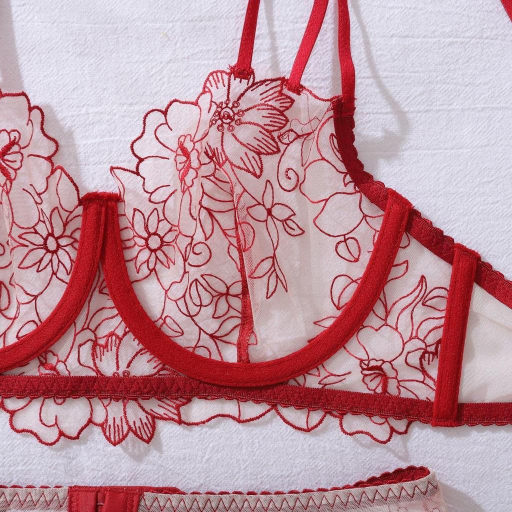 Elegant Floral Embroidery Sheer Multi-Strap Body Shaping Lingerie Set
