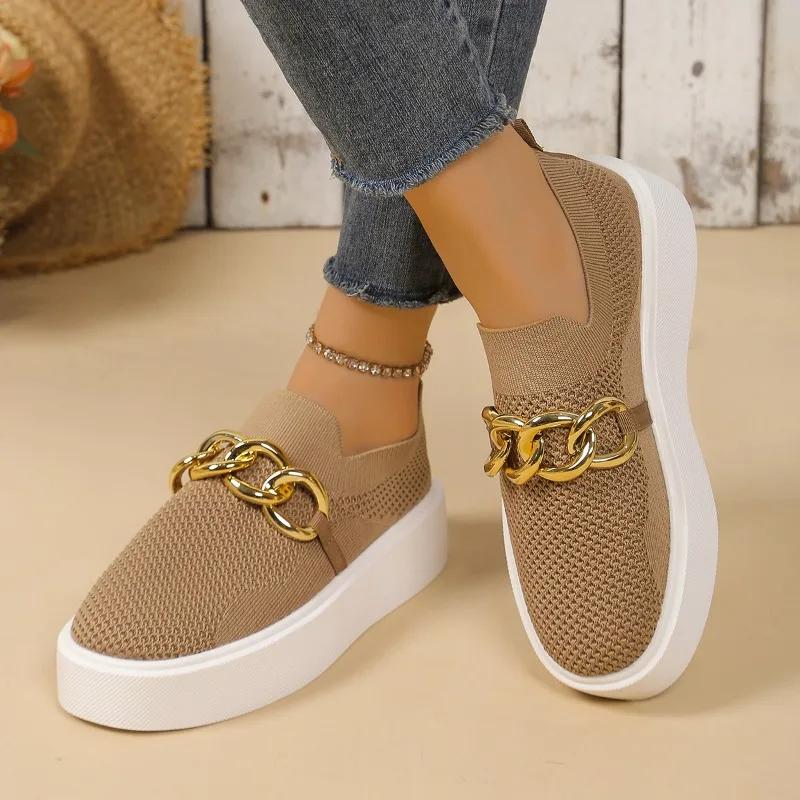 Fashion 2024 Women's Spring New Black Thick-soled Flat Shoes Women's Loafers Slip-on Boat Shoes Metal Chain Designer Casual