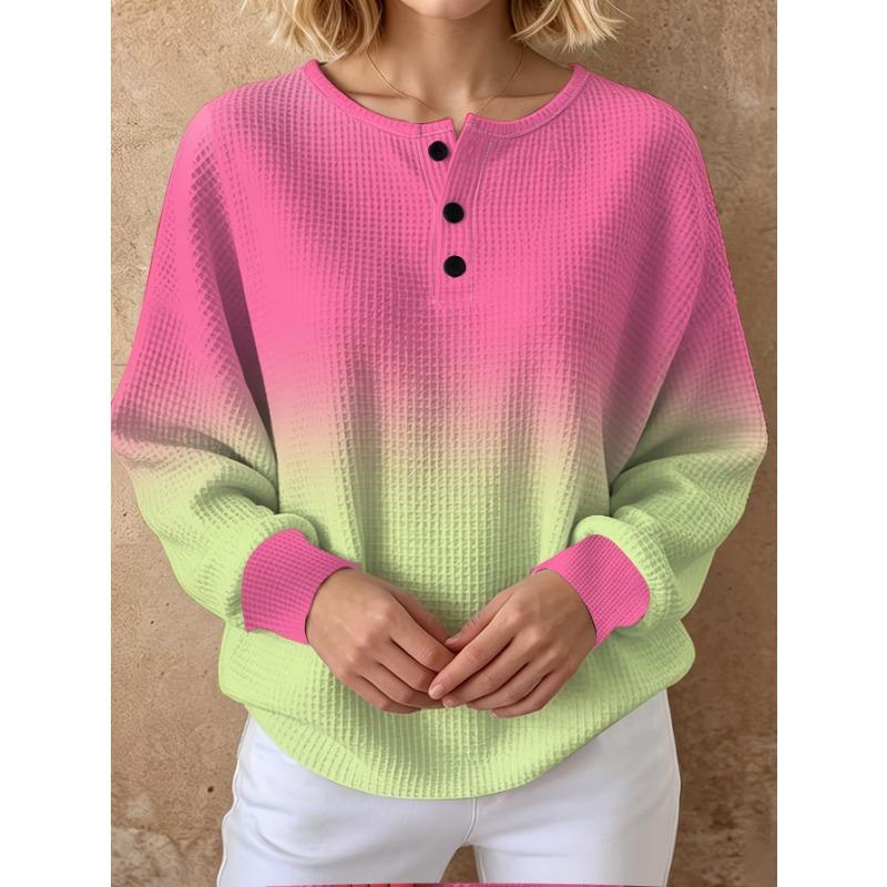Standard Size Women's Three-Button Henley Collar Waffle Long-Sleeve Top