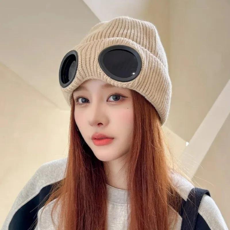 New Women Men Winter Windproof Glasses Knitted Beanie Hats Outdoor Ear Protection Sports Ski Cold Caps Thicken Skullies Beanies