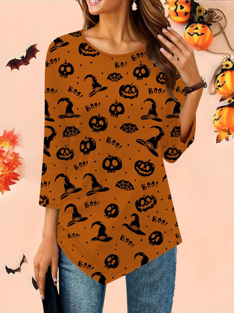 Women's Loose Round Neck Three Quarter Sleeve Tee 3D Halloween Pattern Ideal Halloween and Christmas Gift