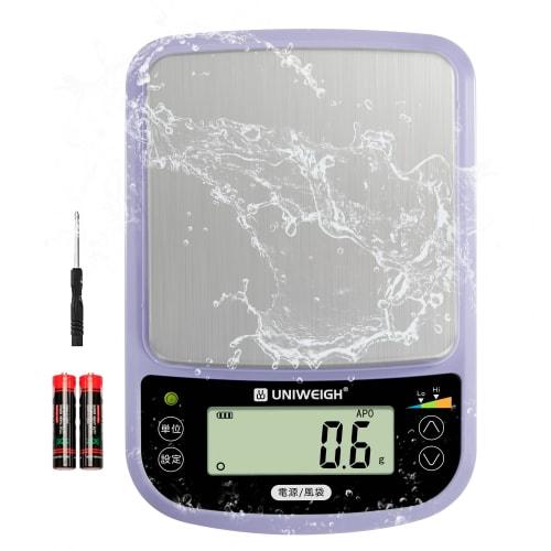 UNIWEIGH Waterproof Kitchen Scale, Waterproof and Washable, 0.1g Increments, Measures up to 5kg, Includes mL Mode, Slim Precision Scale, Ideal for Wei