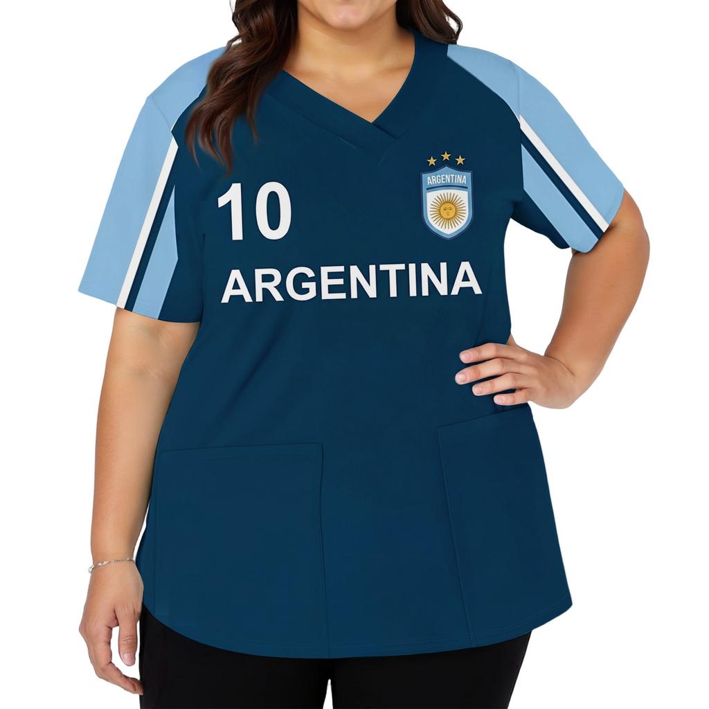 Women's V-Neck Short Sleeve Work Top with Pockets and Side Slits, Soccer Flag Print