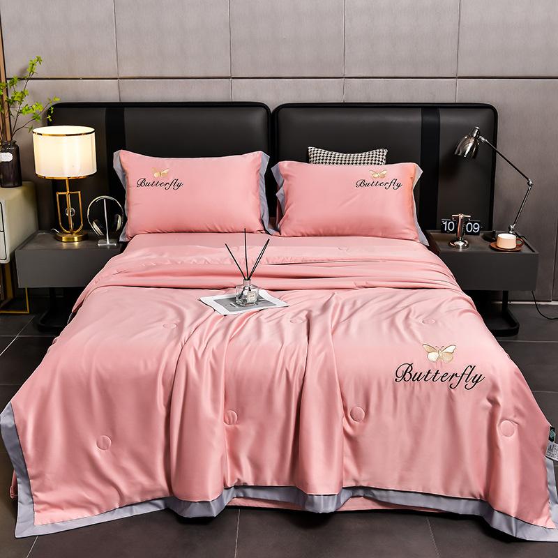New Washed Ice Silk Embroidered Summer Quilt Four-Piece Summer Quilt Simple Solid Color Air Conditioning Quilt Summer Cool Quilt
