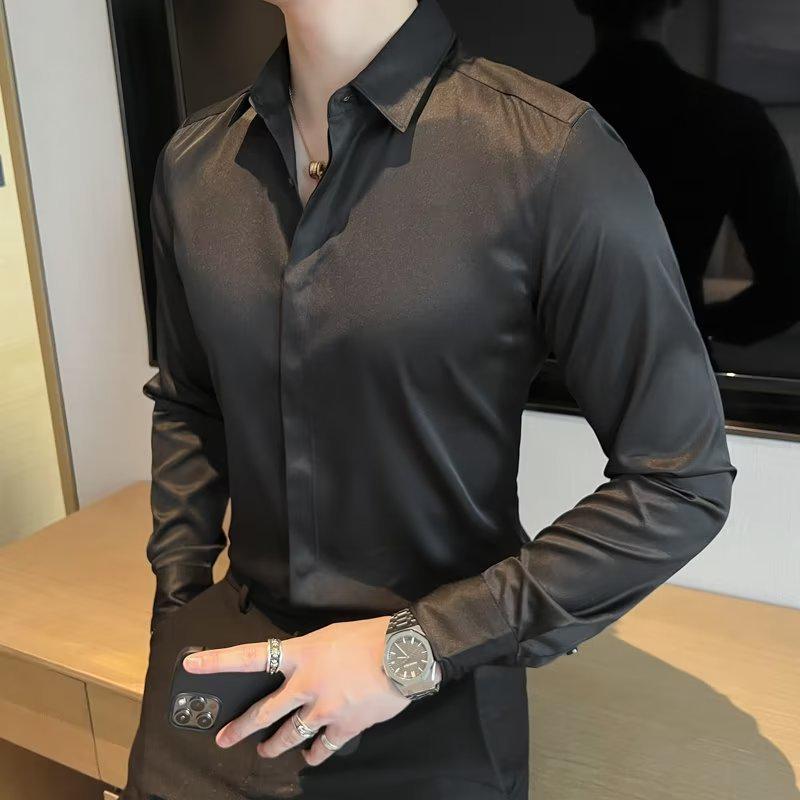 Men's High-End White Satin Long-Sleeve Shirt - Spring & Autumn Fashion