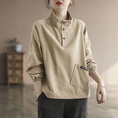 Herbst Koreanische Mode Sport Chic Vintage Casual Shirt Frauen Junge Stil Einfarbig Langarm High Neck Tasche Taste Top