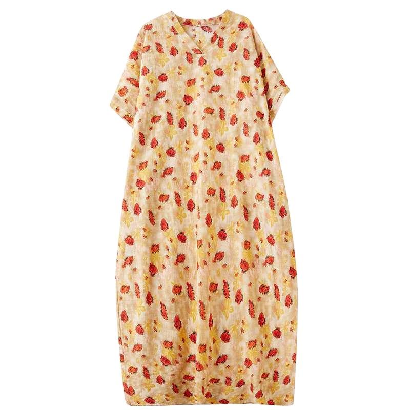 Real Shot Summer Color Vacation Style Travel V-neck Retro Long Dress Covering Meat Cotton and Linen Dress