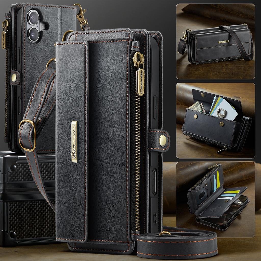 For iPhone 16 Plus CASEME C39 RFID Blocking Zipper Wallet Stand Leather Cover with Strap